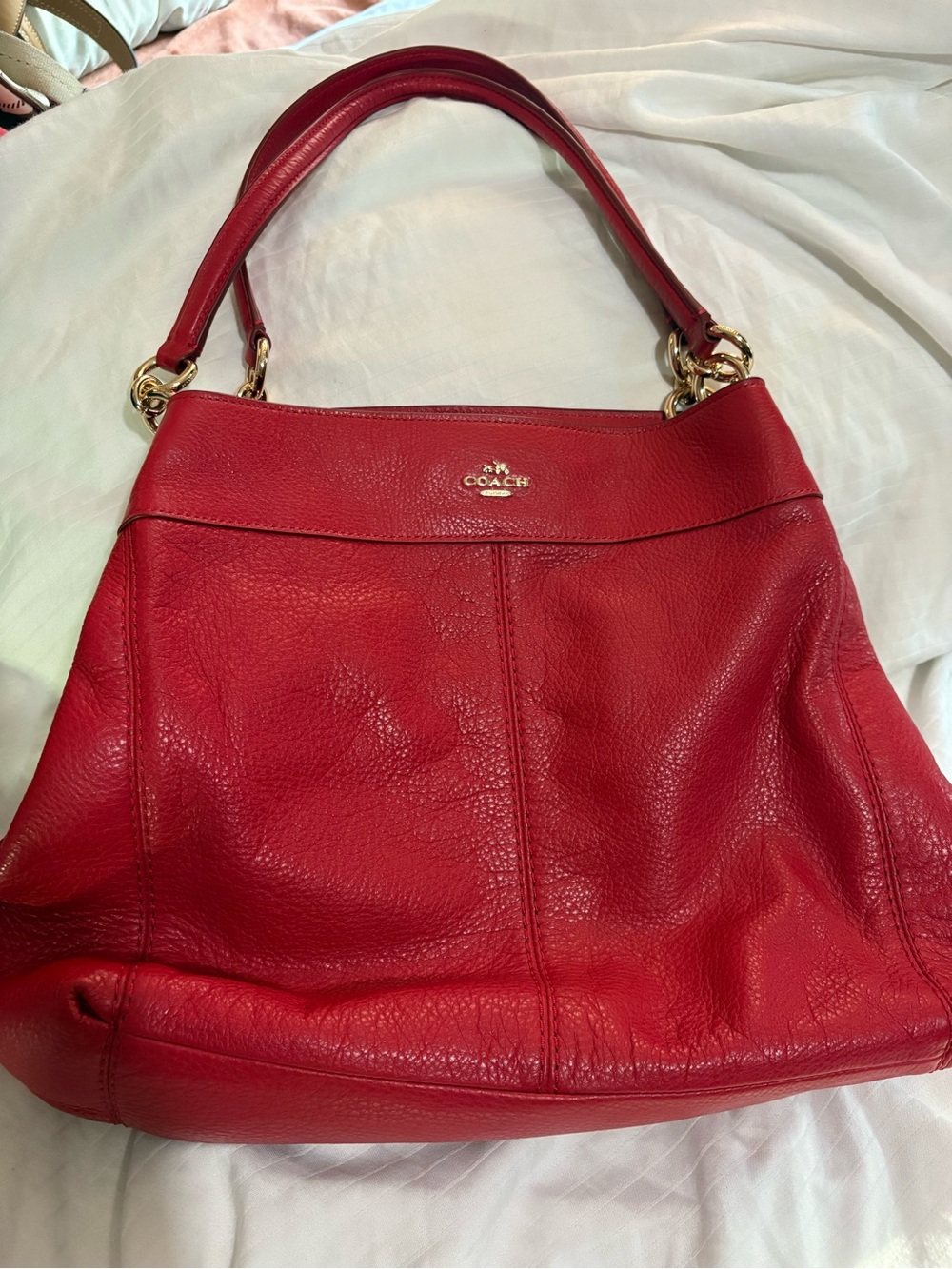 Coach Red Pebbled Leather Shoulder Bag with Gold Hardware